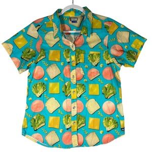 Kavu Girl Party Bologfu Sandwich Print Short Sleeve Button Up Shirt Sz M Foodie